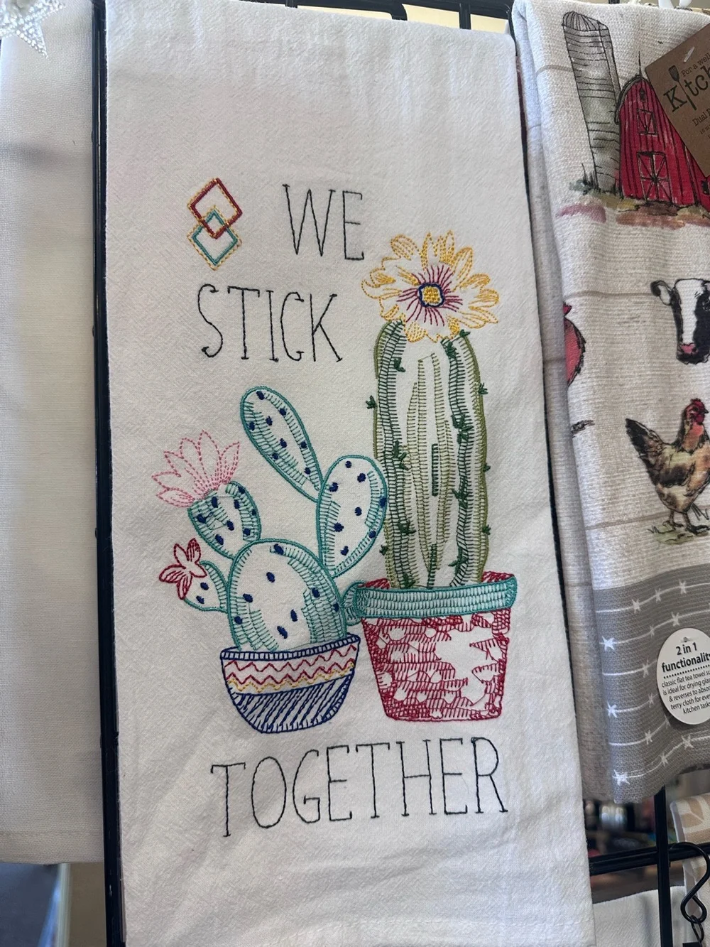 We Stick Together Cactus Embroidered Kitchen Towel - Multi